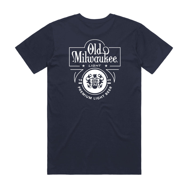 back of navy t-shirt with "Old Milwaukee Light Premium Light Beer & Old Milwaukee Logo