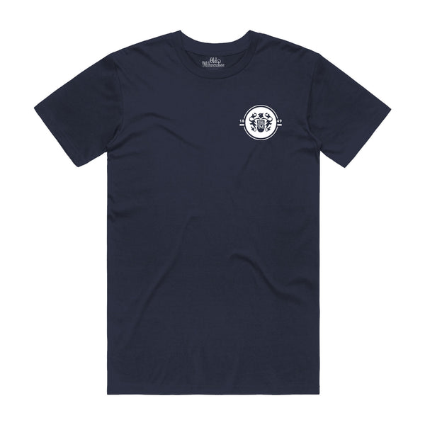 front of navy t-shirt with Old Milwaukee logo on the left chest