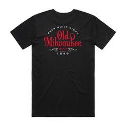 back of black t-shirt with "Beer Built Right Old Milwaukee beer since 1849" on it
