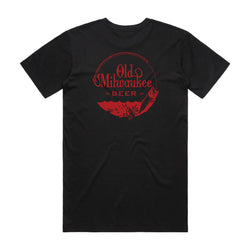 back of black t-shirt with "Old Milwaukee Beer" above ocean and fish