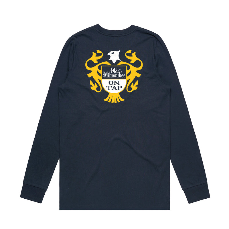 back of navy long sleeve t-shirt with "Old Milwaukee On Tap" Eagle Crest on it