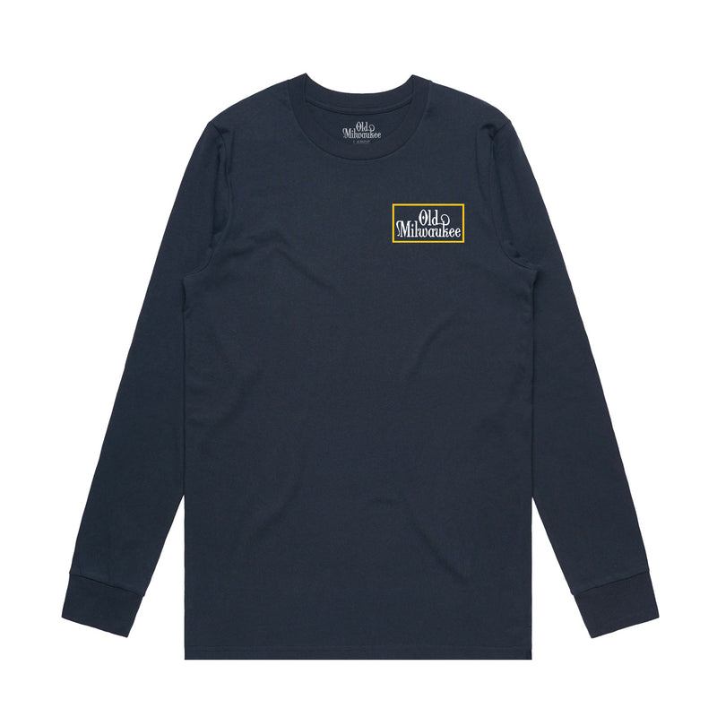 Front of long sleeve navy t-shirt with Old Milwaukee logo on it.