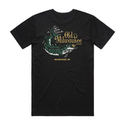 back of black t-shirt with Old Milwaukee Beer, green fish & Milwaukee WI