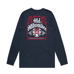 back of navy long sleeve t-shirt with Old Milwaukee, Eagle Crest & Beer Built Right on it.