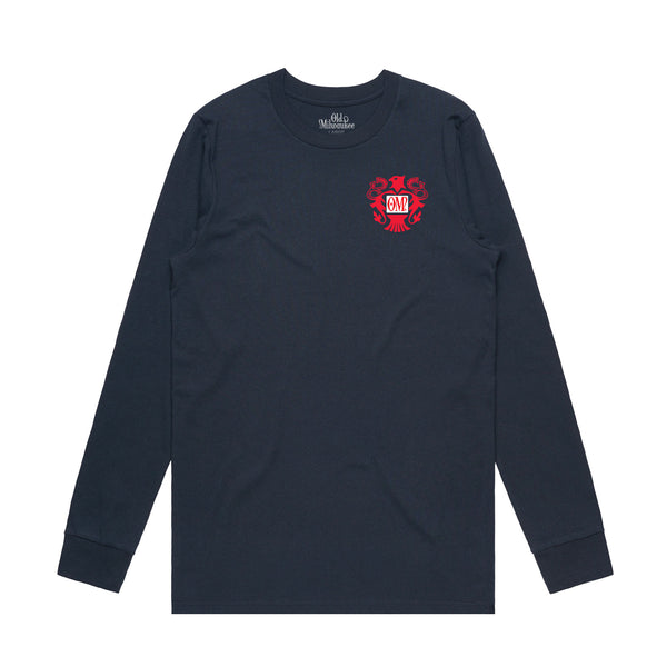 front of navy long sleeve t-shirt with OM Eagle Crest on the left chest.