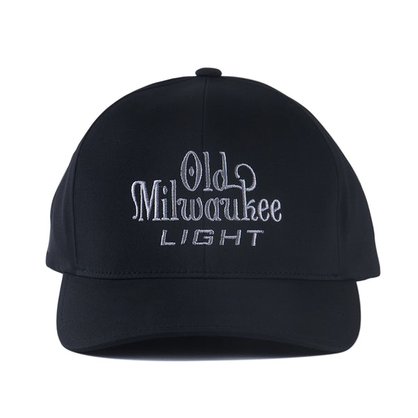 black hat with silver "old milwaukee light" embroidery