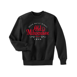 front of black crewneck with "beer built right old milwaukee beer since 1849" on it