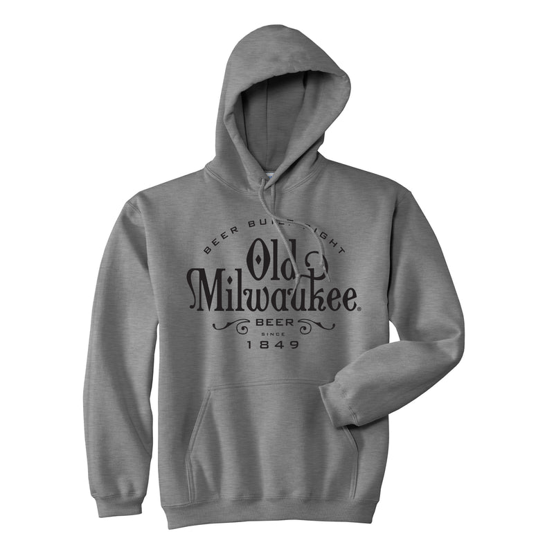 front of charcoal hoodie with "beer built right old milwaukee beer since 1849" on it
