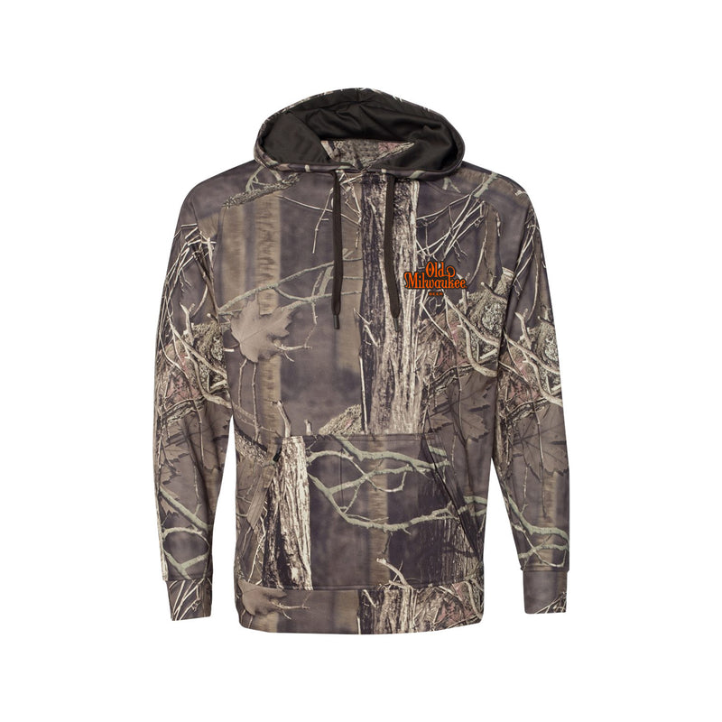 front of camo hoodie with "old milwaukee beer" on pocket