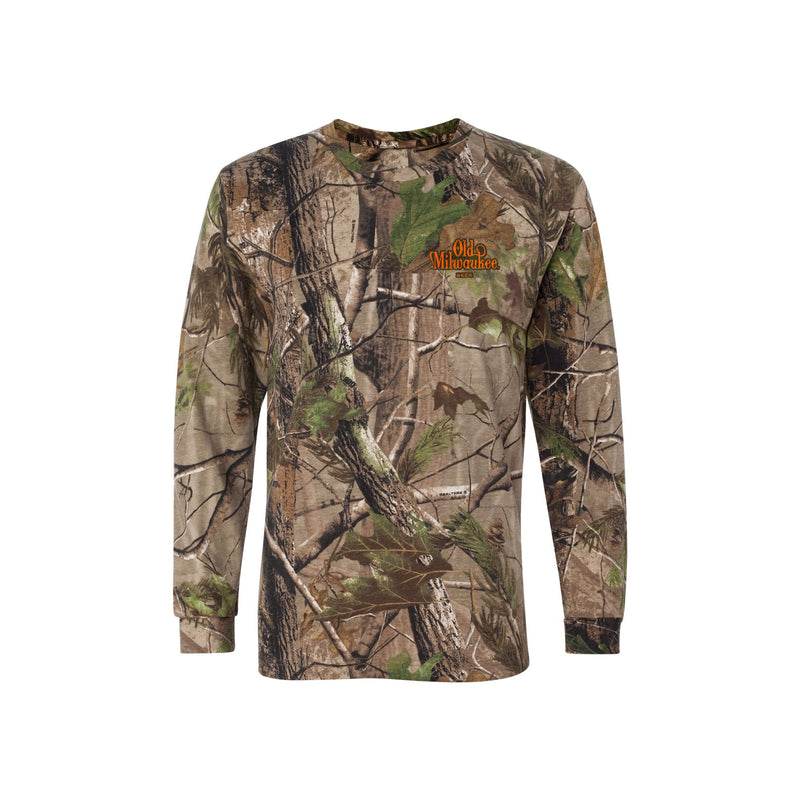 front of camo long sleeve with "old milwaukee beer" on pocket 