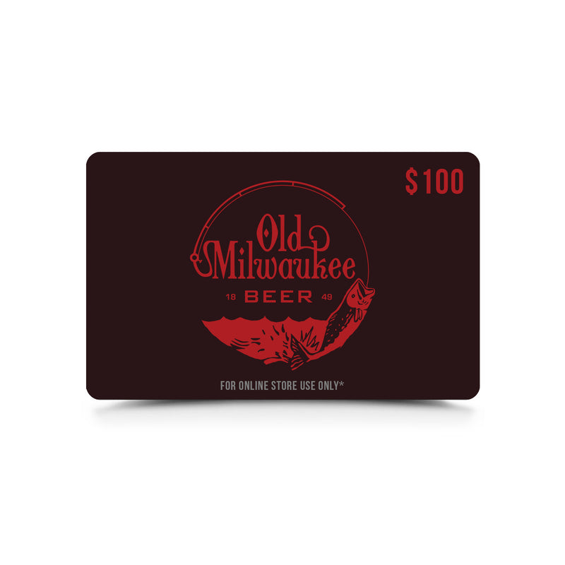maroon gift card with "$100" in top corner with "old milwaukee beer" and ocean with fish in center