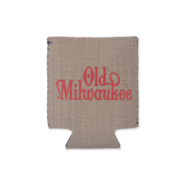 burlap koozie with "old milwaukee" in red